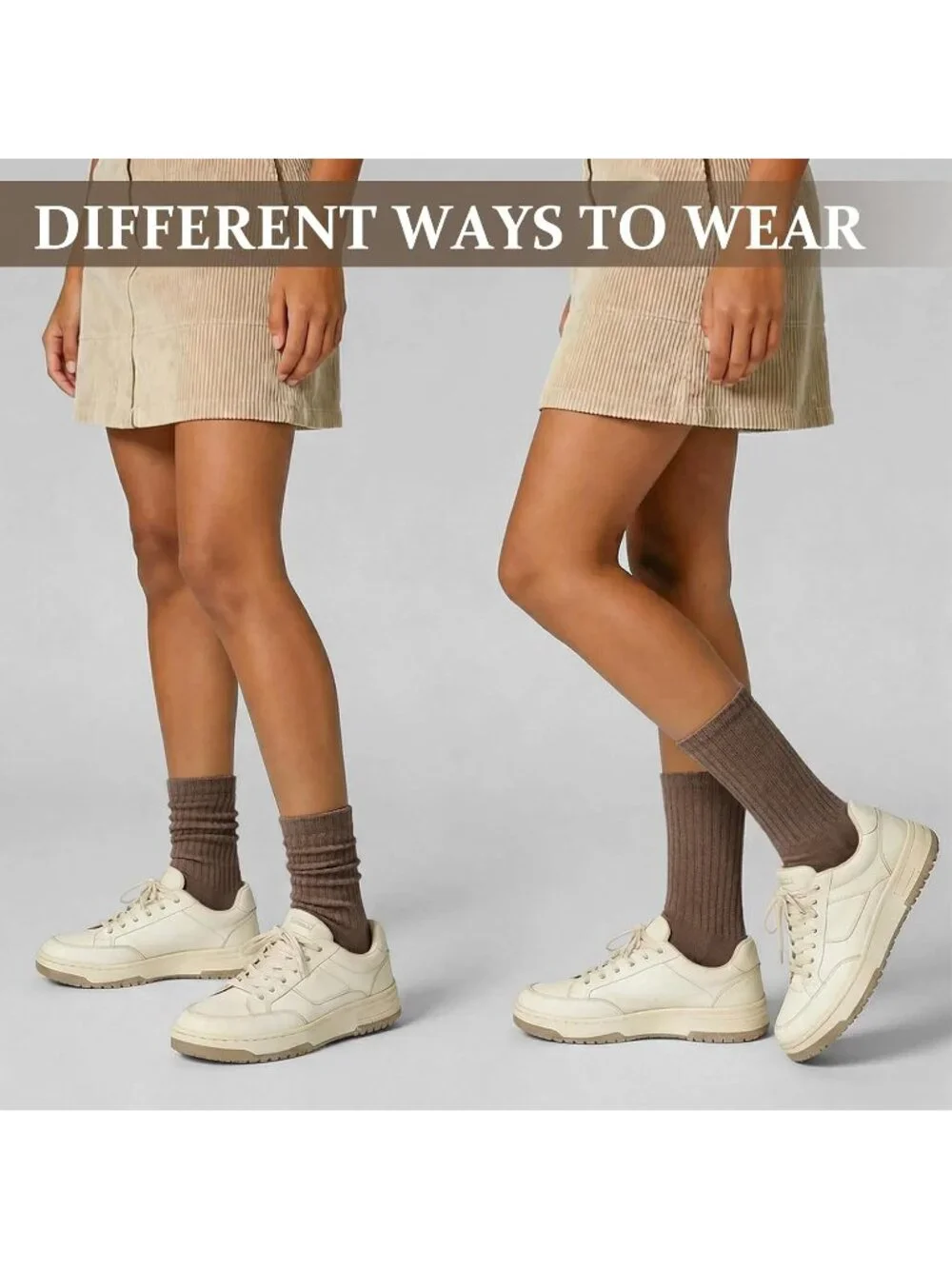 🧦Women's Brown White 5 Pair Slouchy Socks Slouch Cotton Crew Scrunch Socks